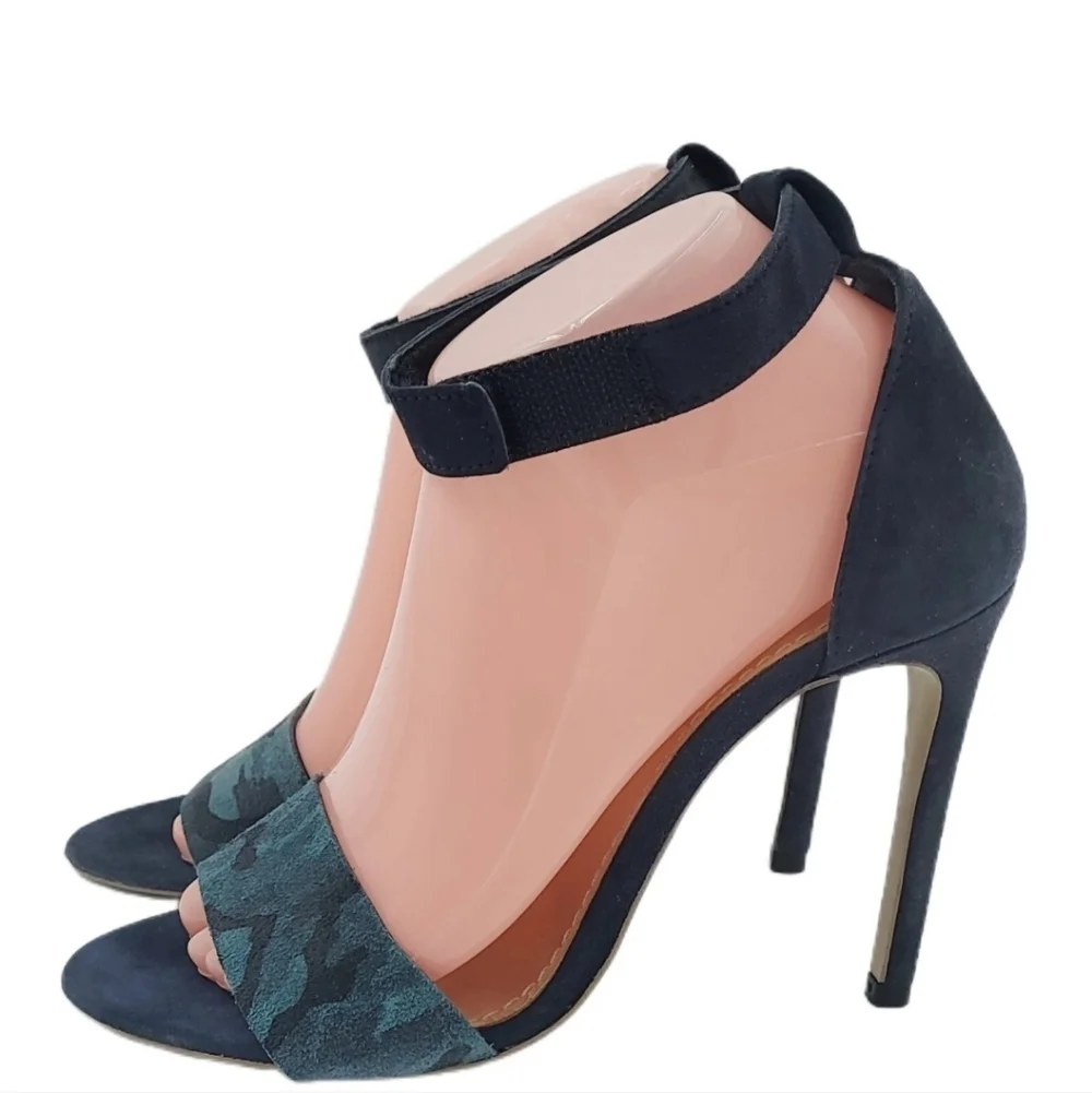 Won Hundred Blue Camo Ankle Strap Peep Toe Stiletto Heel Pumps Size 38 / US 8